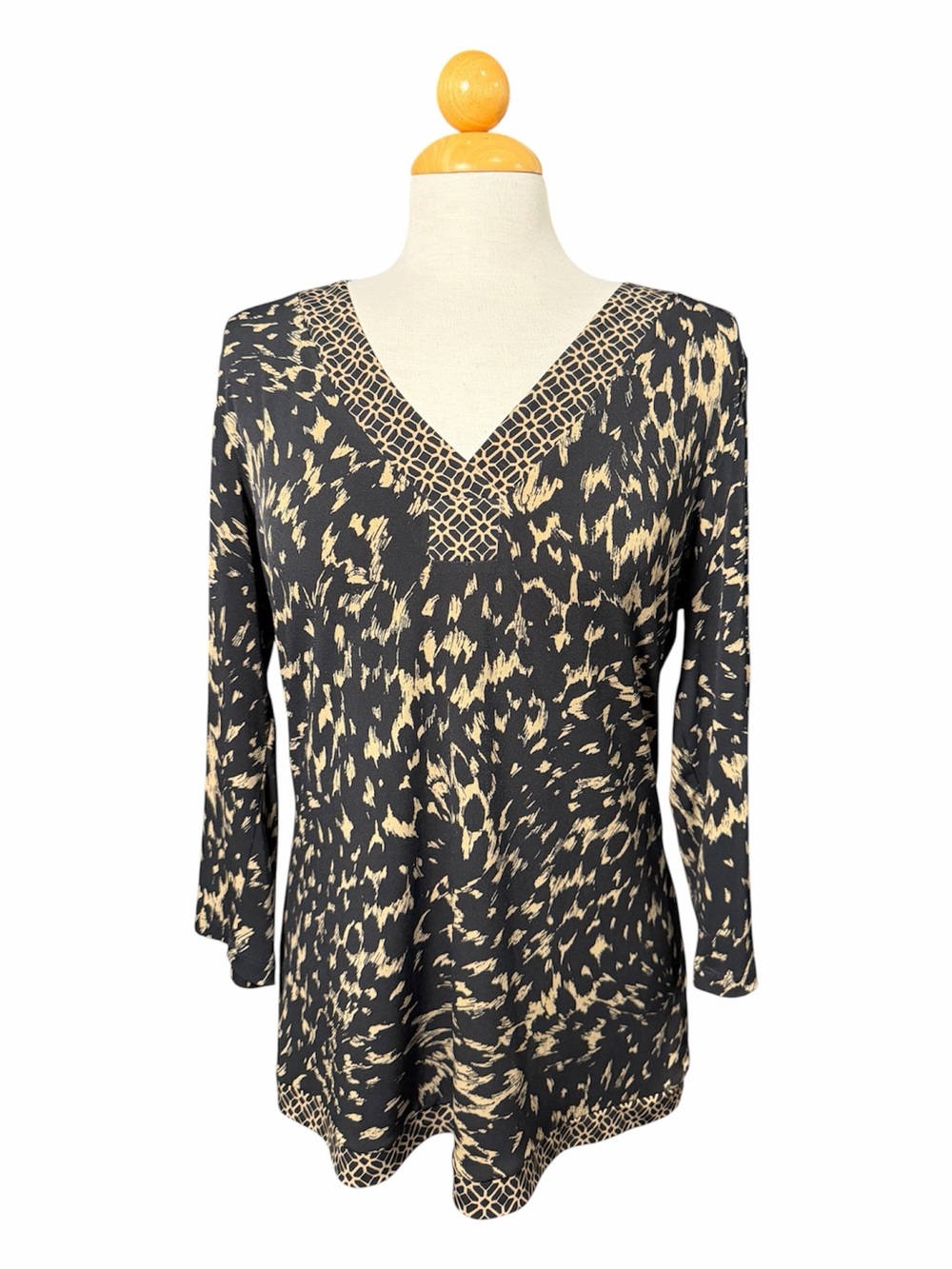 Liz Claiborne Black and Tan Printed V-Neck Blouse